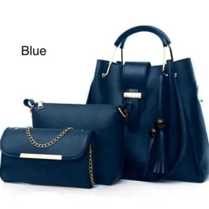 Blue Leather Handbag Set 3 Piece Pakistan HSM Mart